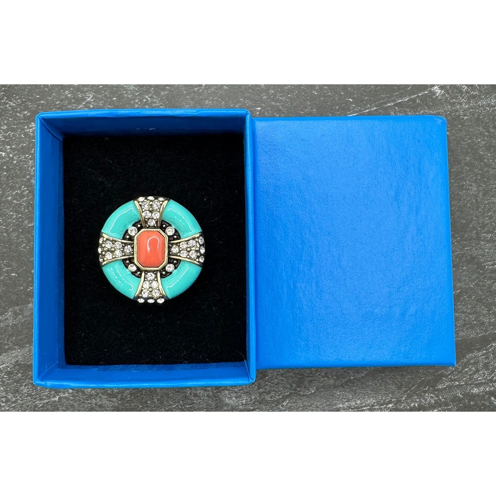 Rare Heidi Daus Newport Chic Bronzetone Turquoise Coral Color Enamel Ring Sz 6.5